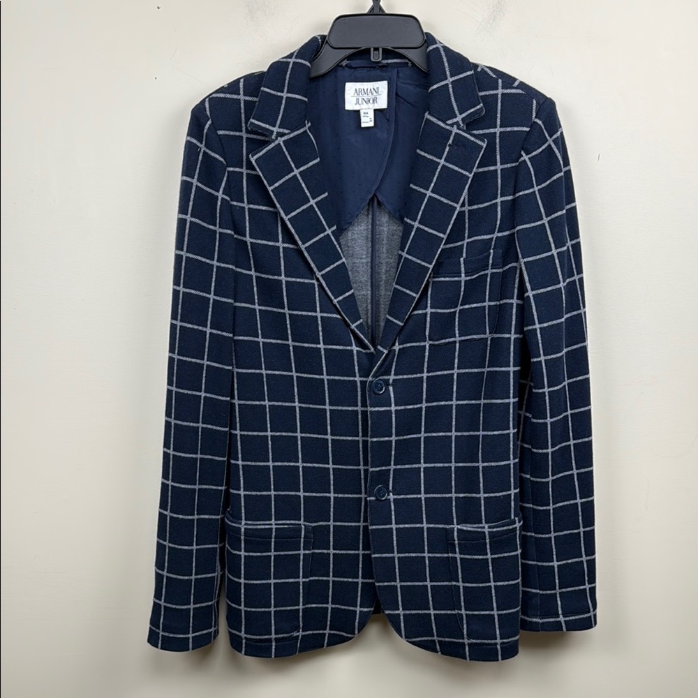 ARMANI JUNIOR checkered plaid blue cotton blazer size 16 boys jacket